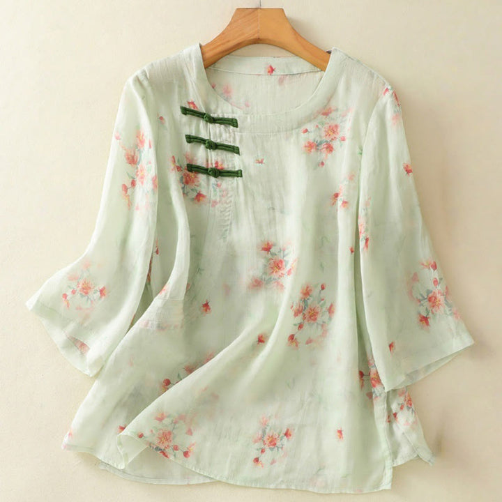 Chemise à manches trois-quarts en polyester pour femme, col ras du cou, imprimé plantes et Buddha Stones , motif grenouille - Bleu vert - US8-10，UK/AU12-14，EU40-42 (2XL) - image 17
