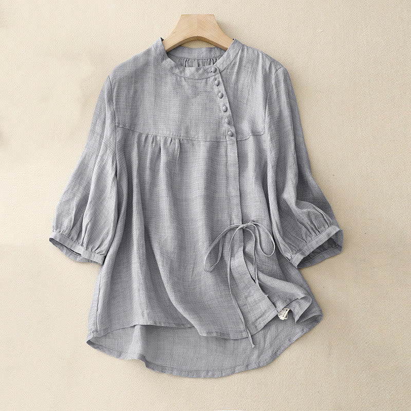 Chemise à manches trois-quarts en coton et lin pour femme, avec boutons à lacets et Buddha Stones - Bleu clair - US14，UK/AU18，EU46 (2XL) - image 0