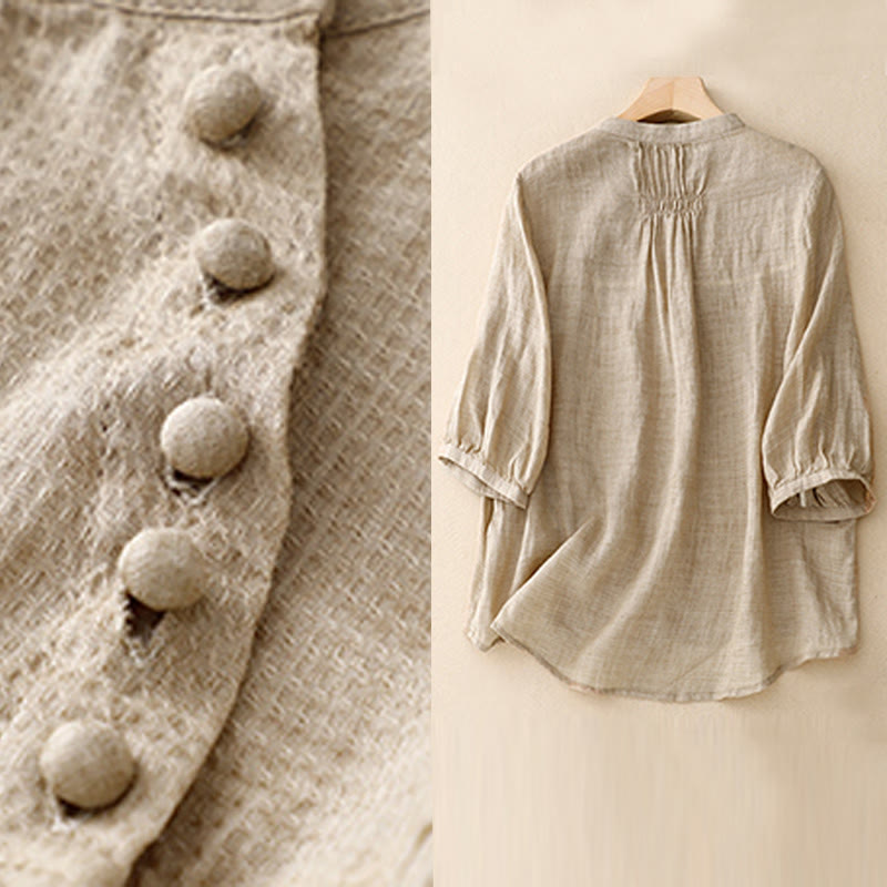 Chemise à manches trois-quarts en coton et lin pour femme, avec boutons à lacets et Buddha Stones - image 12
