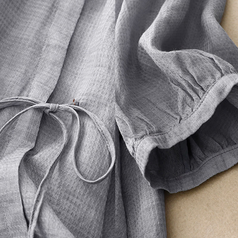 Chemise à manches trois-quarts en coton et lin pour femme, avec boutons à lacets et Buddha Stones - image 3