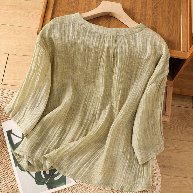 T-shirt décontracté d'été à col rond en coton et lin pour femme, motif Buddha Stones, manches trois-quarts