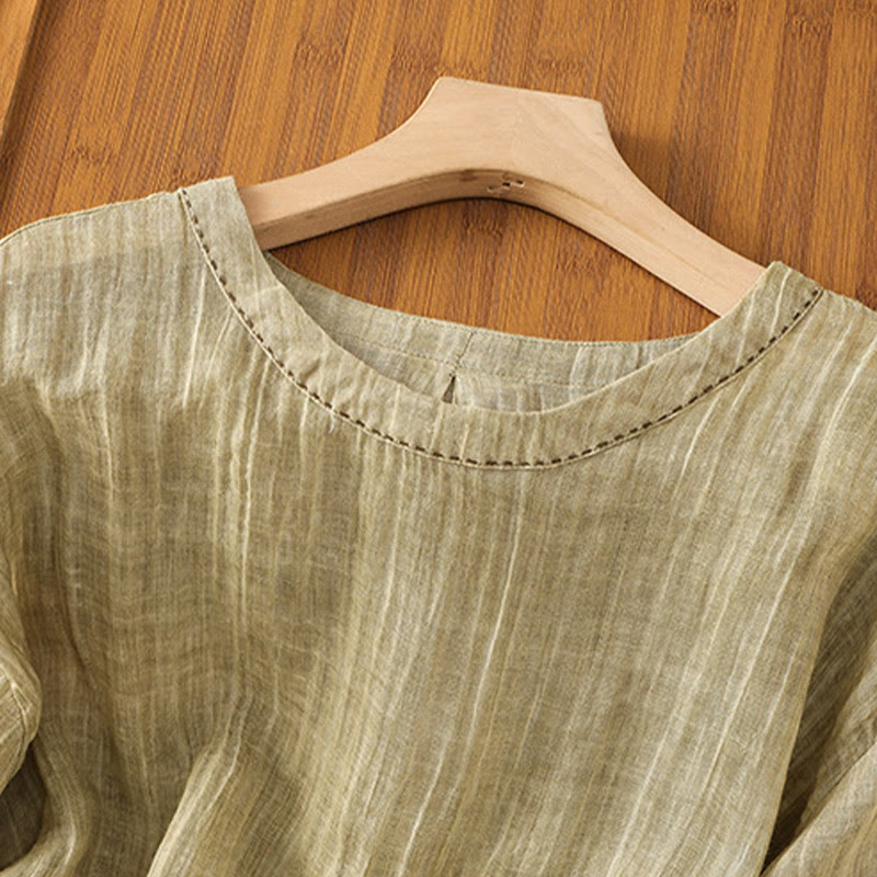 T-shirt décontracté d'été à col rond en coton et lin pour femme, motif Buddha Stones, manches trois-quarts - image 3