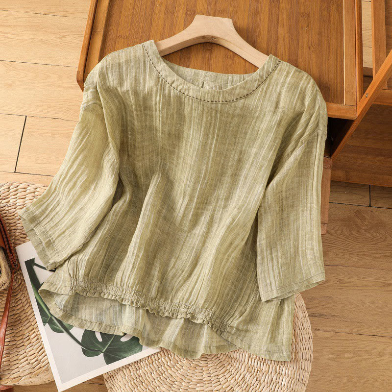 T-shirt décontracté d'été à col rond en coton et lin pour femme, motif Buddha Stones, manches trois-quarts - Kaki foncé - US14，UK/AU18，EU46 (2XL) - image 0