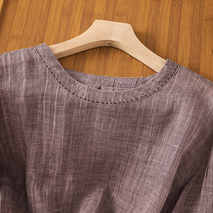 T-shirt décontracté d'été à col rond en coton et lin pour femme, motif Buddha Stones, manches trois-quarts