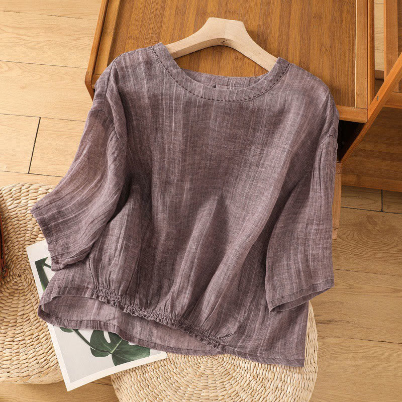 T-shirt décontracté d'été à col rond en coton et lin pour femme, motif Buddha Stones, manches trois-quarts