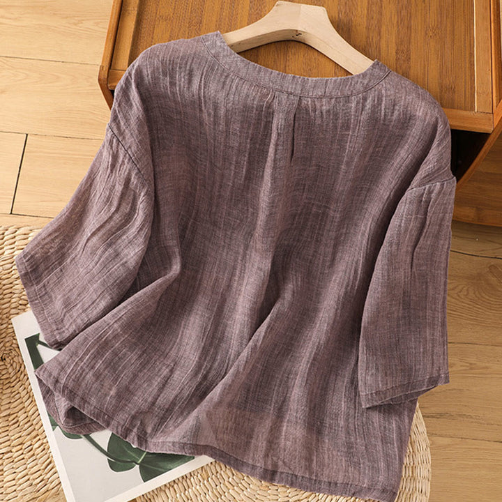 T-shirt décontracté d'été à col rond en coton et lin pour femme, motif Buddha Stones, manches trois-quarts - image 9