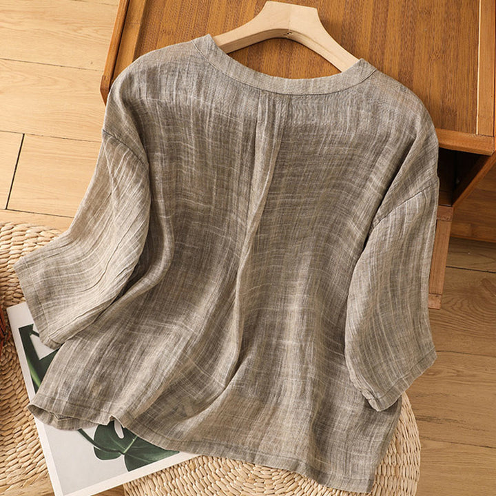 T-shirt décontracté d'été à col rond en coton et lin pour femme, motif Buddha Stones, manches trois-quarts - image 17