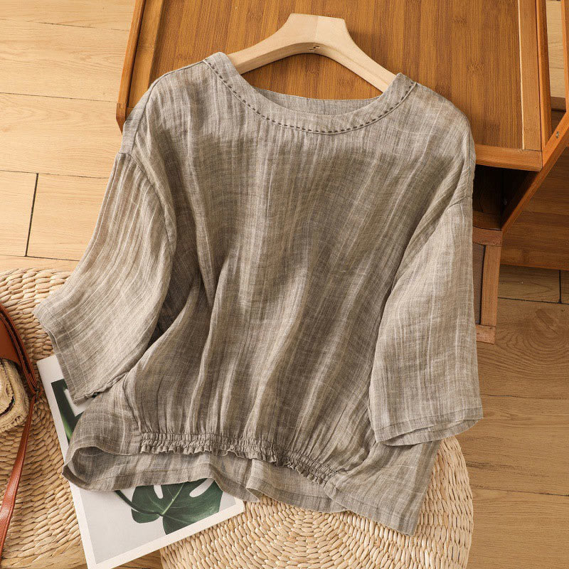 T-shirt décontracté d'été à col rond en coton et lin pour femme, motif Buddha Stones, manches trois-quarts