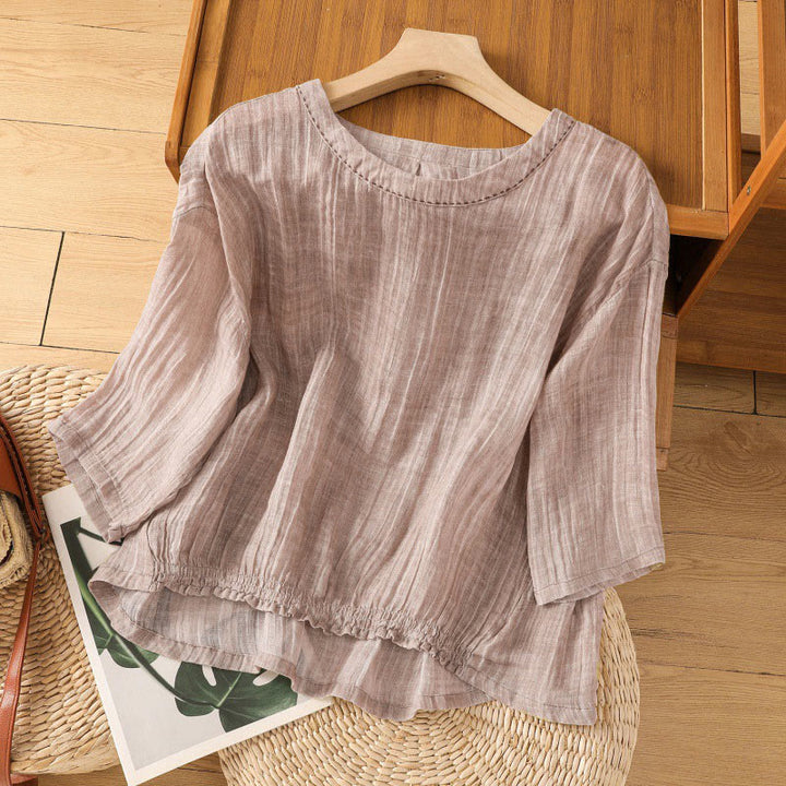 T-shirt décontracté d'été à col rond en coton et lin pour femme, motif Buddha Stones, manches trois-quarts - image 25