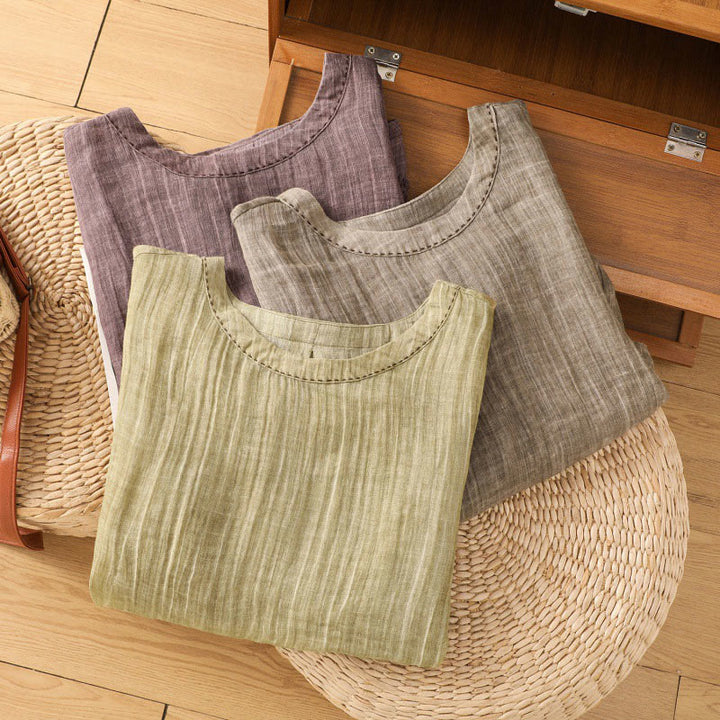 T-shirt décontracté d'été à col rond en coton et lin pour femme, motif Buddha Stones, manches trois-quarts - image 29