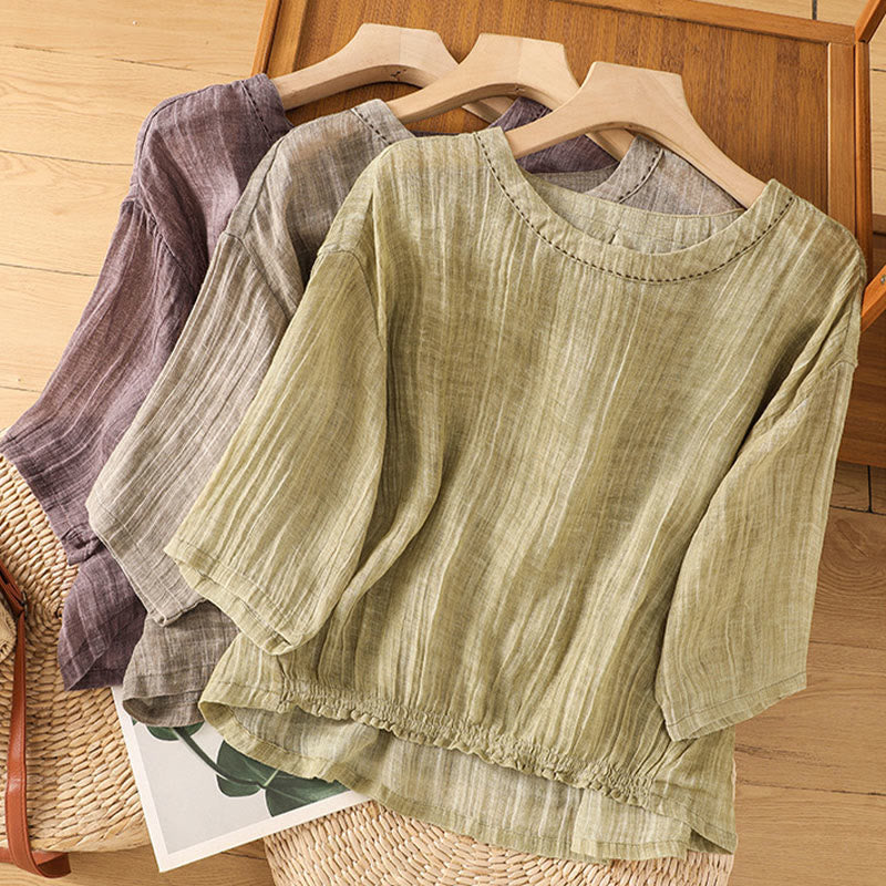 T-shirt décontracté d'été à col rond en coton et lin pour femme, motif Buddha Stones, manches trois-quarts - image 30