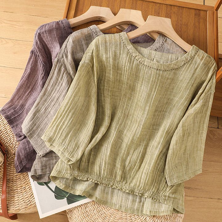 T-shirt décontracté d'été à col rond en coton et lin pour femme, motif Buddha Stones, manches trois-quarts - image 30