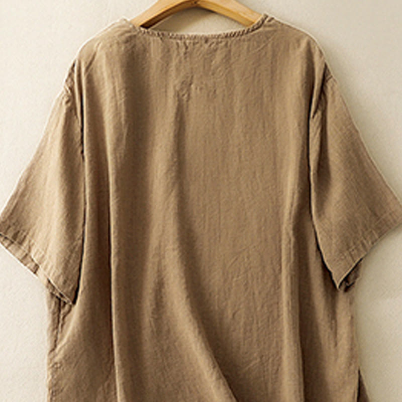 T-shirt d'été décontracté à manches courtes et col rond brodé Buddha Stones pour femme