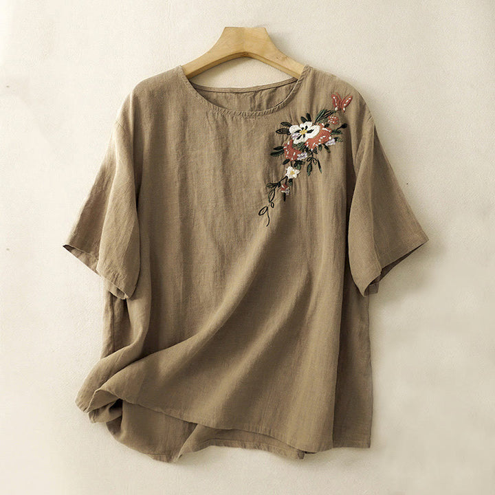 T-shirt d'été décontracté à manches courtes et col rond brodé Buddha Stones pour femme