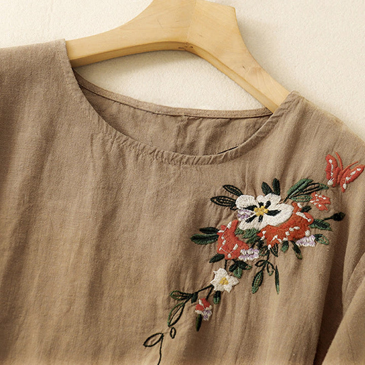 T-shirt d'été décontracté à manches courtes et col rond brodé Buddha Stones pour femme