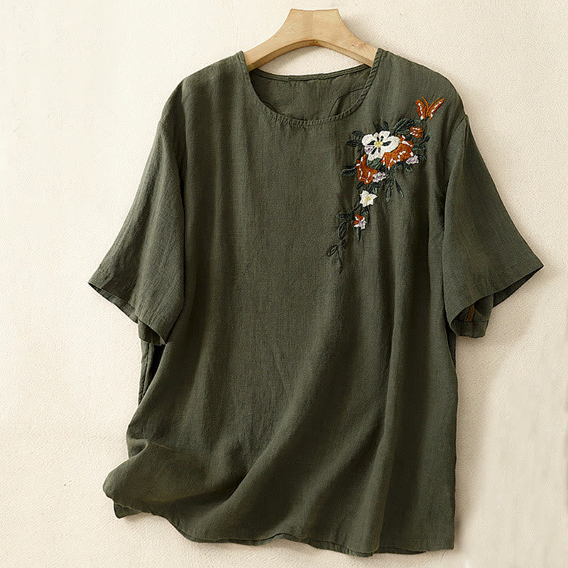 T-shirt d'été décontracté à manches courtes et col rond brodé Buddha Stones pour femme