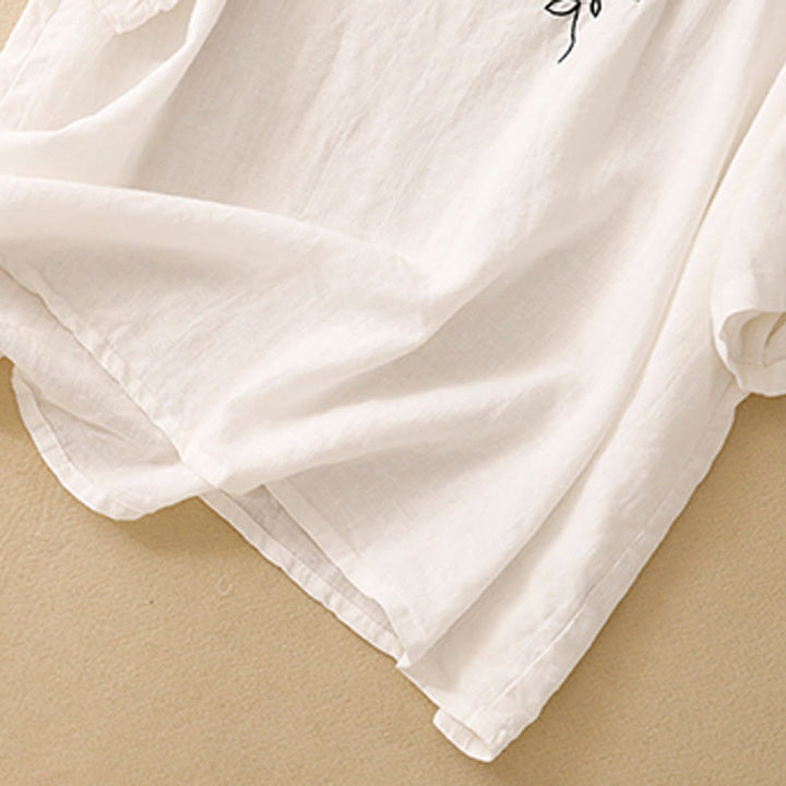 T-shirt d'été décontracté à manches courtes et col rond brodé Buddha Stones pour femme