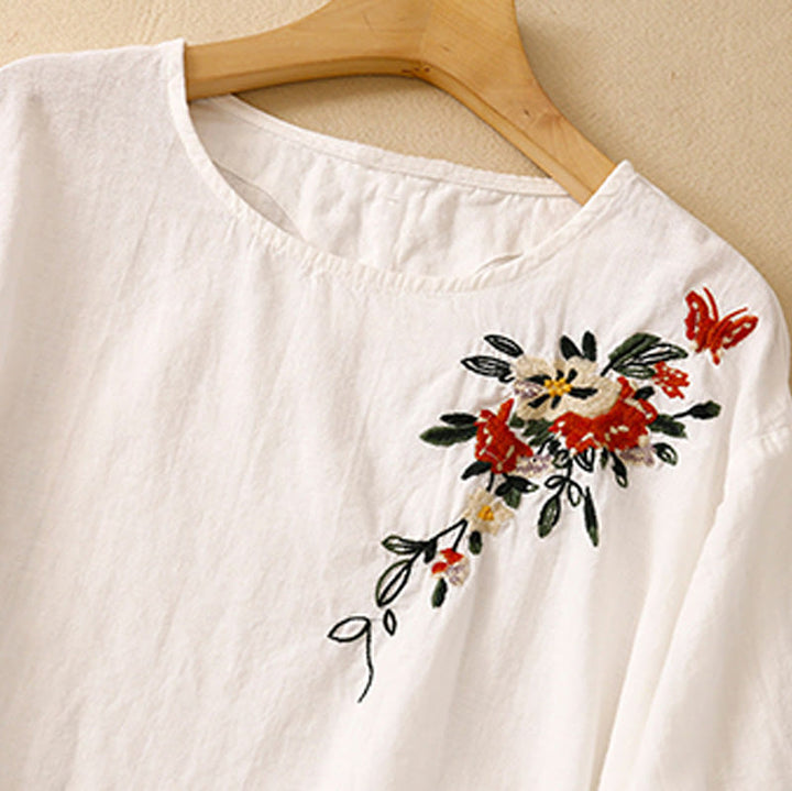 T-shirt d'été décontracté à manches courtes et col rond brodé Buddha Stones pour femme