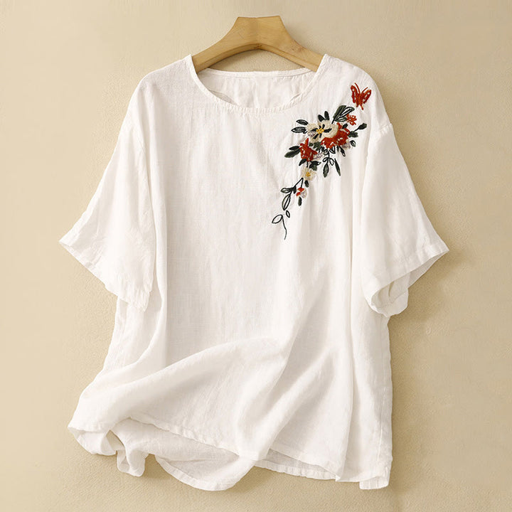 T-shirt d'été décontracté à manches courtes et col rond brodé Buddha Stones pour femme