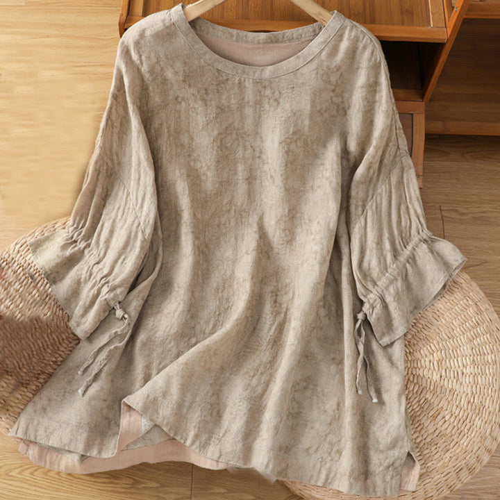 Robe mi-longue décontractée en coton et polyester, style Buddha Stones , couleur unie, col ras du cou, cordon de serrage, manches mi-longues