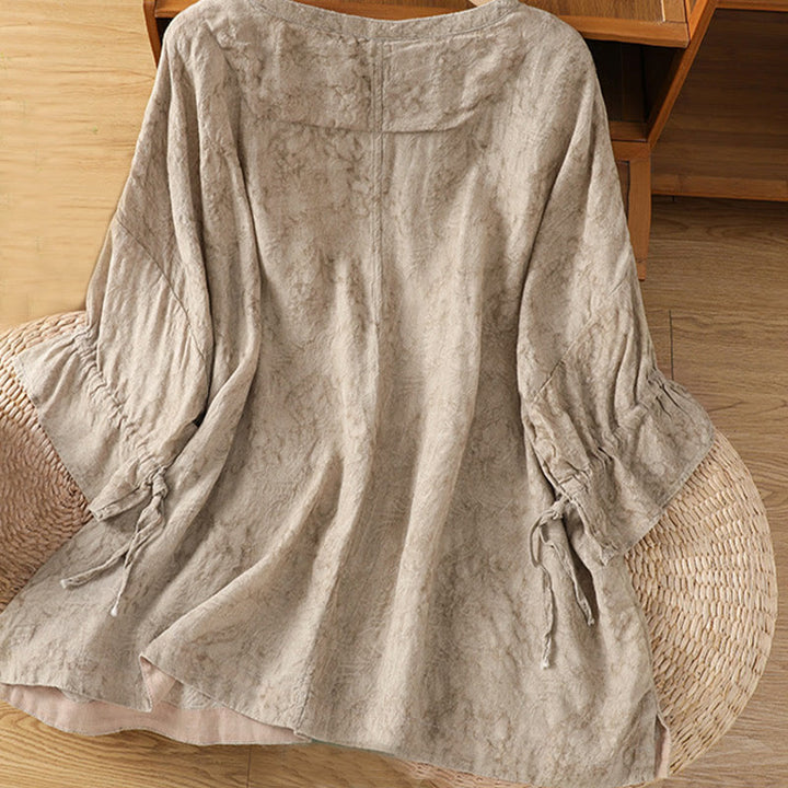Robe mi-longue décontractée en coton et polyester, style Buddha Stones , couleur unie, col ras du cou, cordon de serrage, manches mi-longues