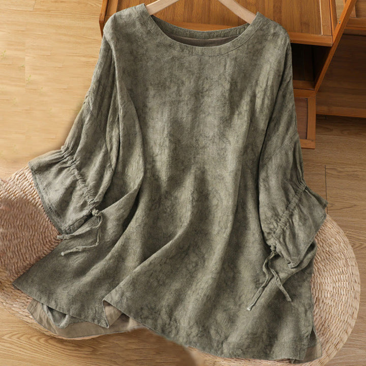 Robe mi-longue décontractée en coton et polyester, style Buddha Stones , couleur unie, col ras du cou, cordon de serrage, manches mi-longues
