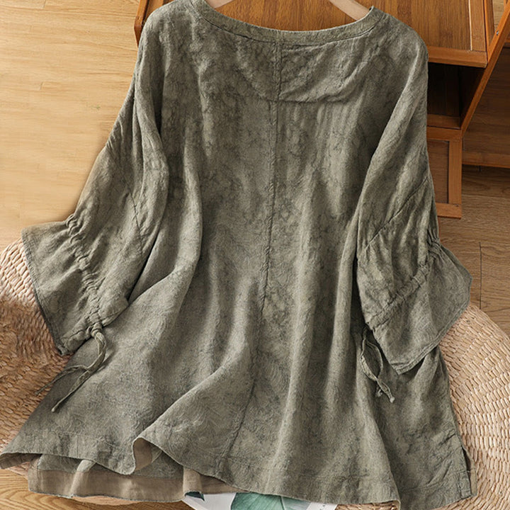 Robe mi-longue décontractée en coton et polyester, style Buddha Stones , couleur unie, col ras du cou, cordon de serrage, manches mi-longues