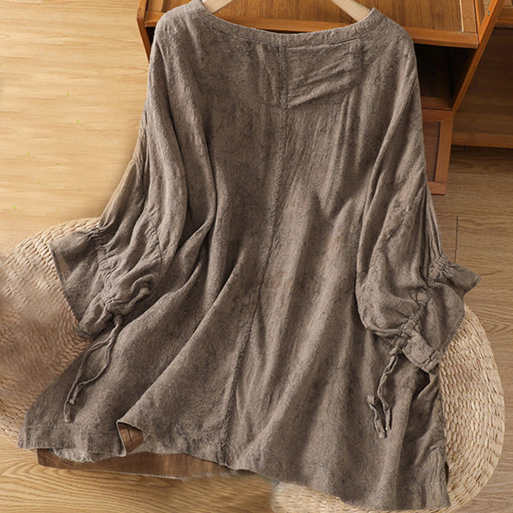 Robe mi-longue décontractée en coton et polyester, style Buddha Stones , couleur unie, col ras du cou, cordon de serrage, manches mi-longues