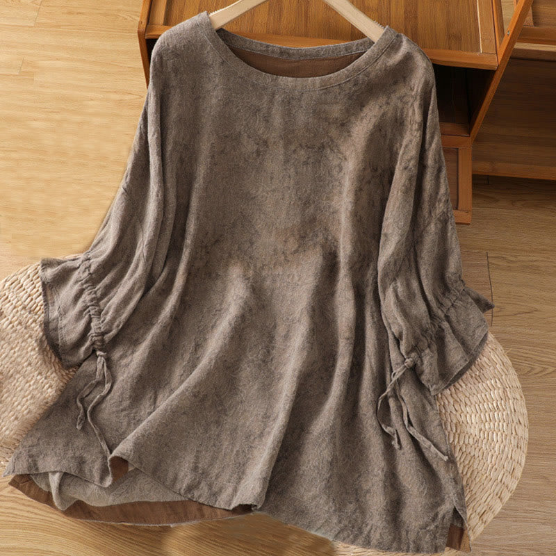Robe mi-longue décontractée en coton et polyester, style Buddha Stones , couleur unie, col ras du cou, cordon de serrage, manches mi-longues