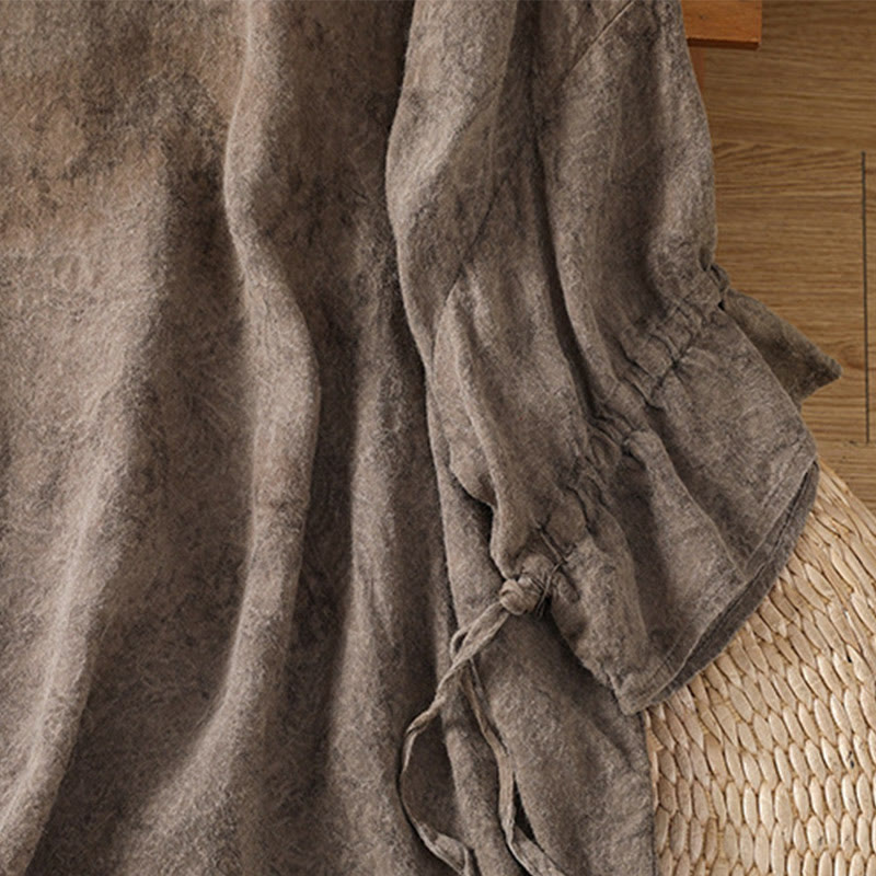 Robe mi-longue décontractée en coton et polyester, style Buddha Stones , couleur unie, col ras du cou, cordon de serrage, manches mi-longues