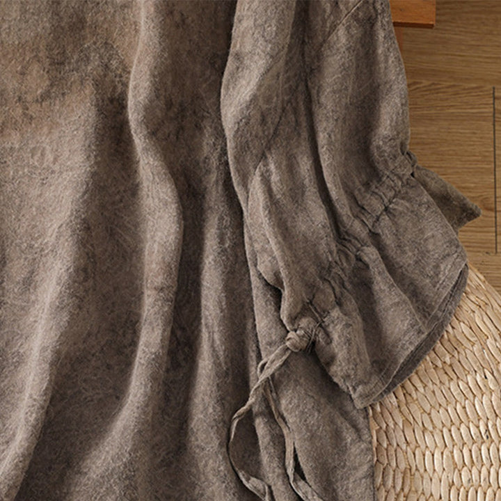 Robe mi-longue décontractée en coton et polyester, style Buddha Stones , couleur unie, col ras du cou, cordon de serrage, manches mi-longues