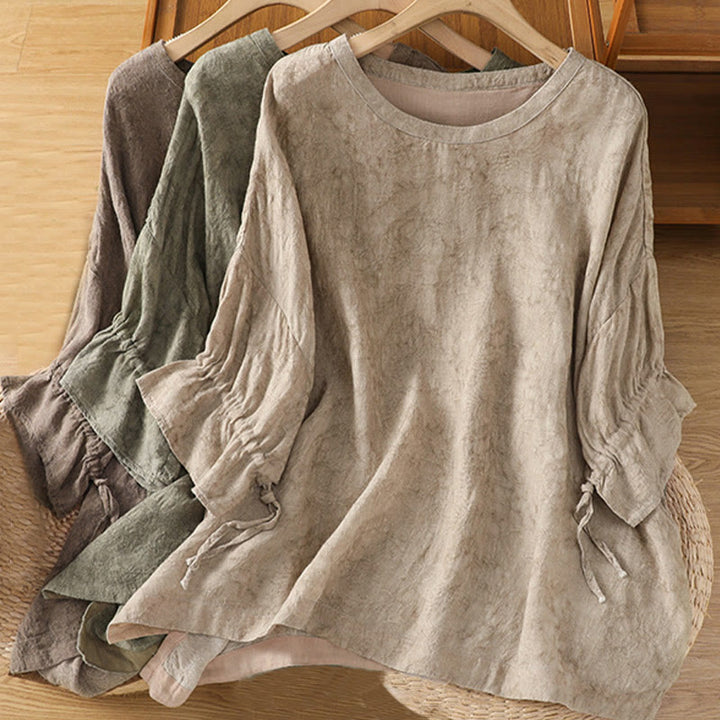 Robe mi-longue décontractée en coton et polyester, style Buddha Stones , couleur unie, col ras du cou, cordon de serrage, manches mi-longues