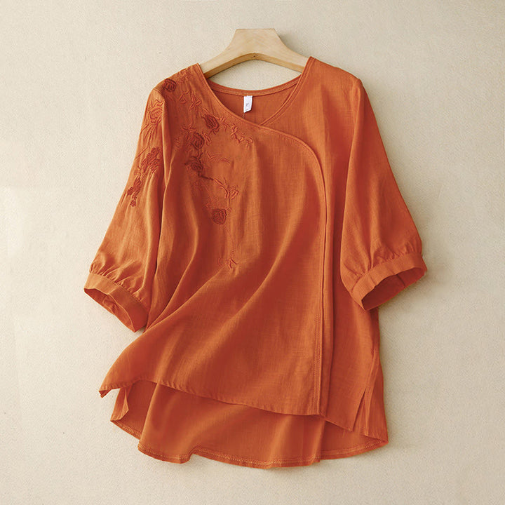 Chemise à manches trois-quarts en coton et lin pour femme, motif brodé de roses et de Buddha Stones - Corail - US12，UK/AU16，EU44 (2XL) - image 7