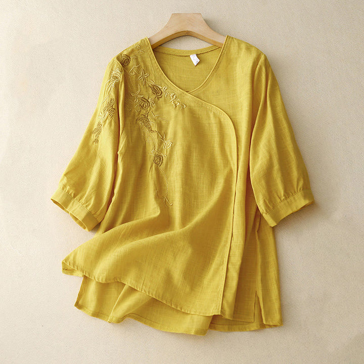 Chemise à manches trois-quarts en coton et lin pour femme, motif brodé de roses et de Buddha Stones - Jaune - US12，UK/AU16，EU44 (2XL) - image 11
