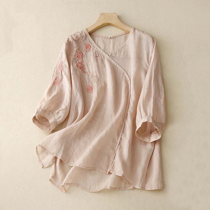 Chemise à manches trois-quarts en coton et lin pour femme, motif brodé de roses et de Buddha Stones - Blush lavande - US12，UK/AU16，EU44 (2XL) - image 0