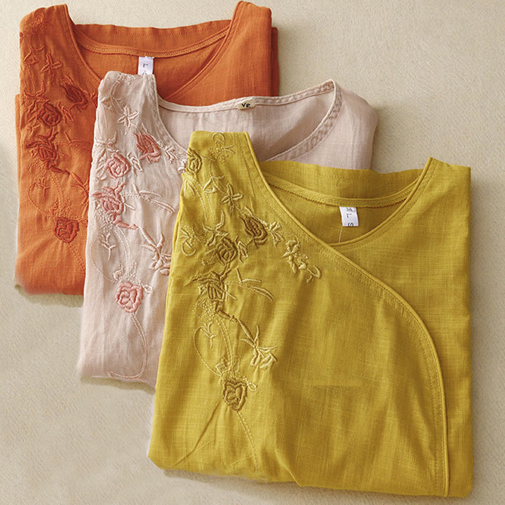 Chemise à manches trois-quarts en coton et lin pour femme, motif brodé de roses et de Buddha Stones - image 12