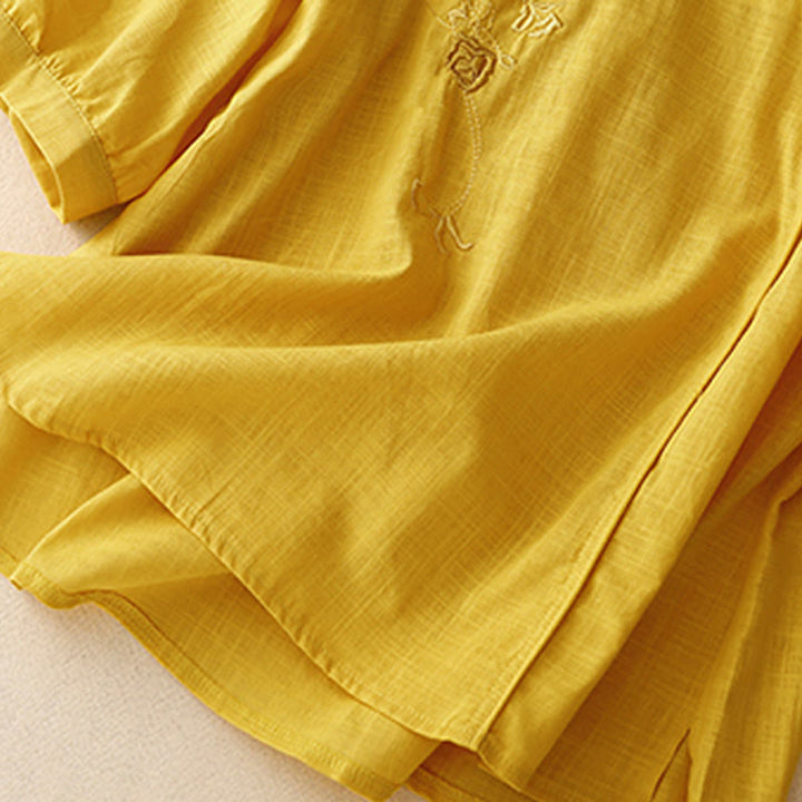 Chemise à manches trois-quarts en coton et lin pour femme, motif brodé de roses et de Buddha Stones - image 14