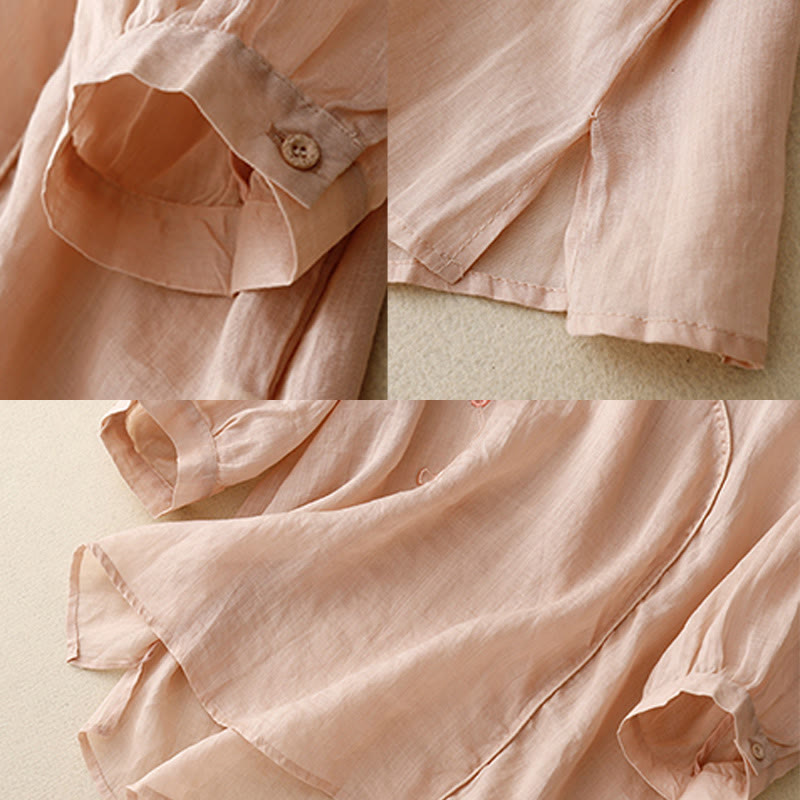 Chemise à manches trois-quarts en coton et lin pour femme, motif brodé de roses et de Buddha Stones - image 5