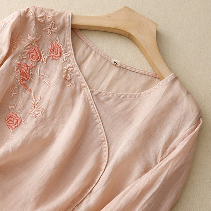 Chemise à manches trois-quarts en coton et lin pour femme, motif brodé de roses et de Buddha Stones - image 1