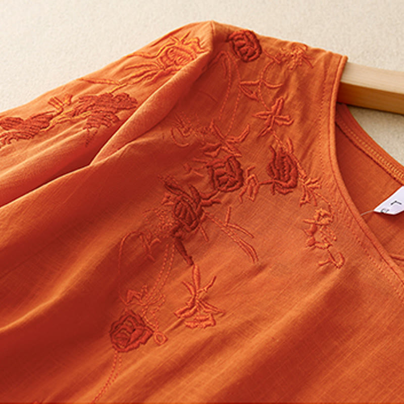 Chemise à manches trois-quarts en coton et lin pour femme, motif brodé de roses et de Buddha Stones - image 8