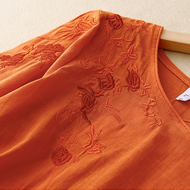 Chemise à manches trois-quarts en coton et lin pour femme, motif brodé de roses et de Buddha Stones - image 8