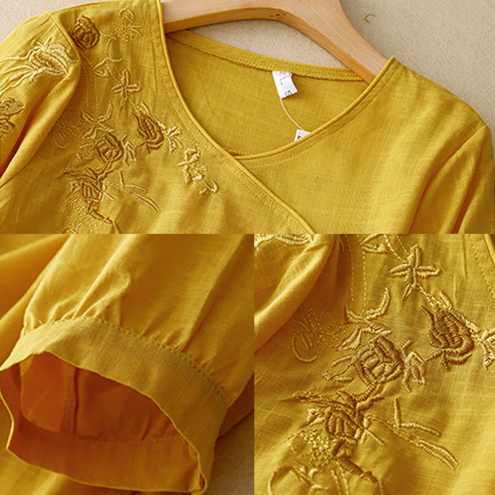 Chemise à manches trois-quarts en coton et lin pour femme, motif brodé de roses et de Buddha Stones - image 13