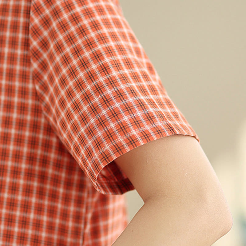 Robe mi-longue Buddha Stones à carreaux, couleur unie, col ras du cou, manches courtes, coton et lin, avec poches - image 5