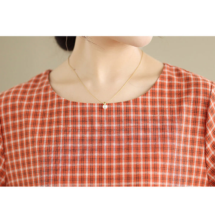 Robe mi-longue Buddha Stones à carreaux, couleur unie, col ras du cou, manches courtes, coton et lin, avec poches - image 7