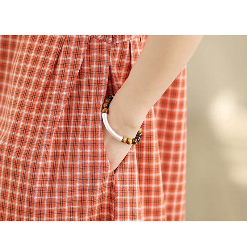 Robe mi-longue Buddha Stones à carreaux, couleur unie, col ras du cou, manches courtes, coton et lin, avec poches - image 8