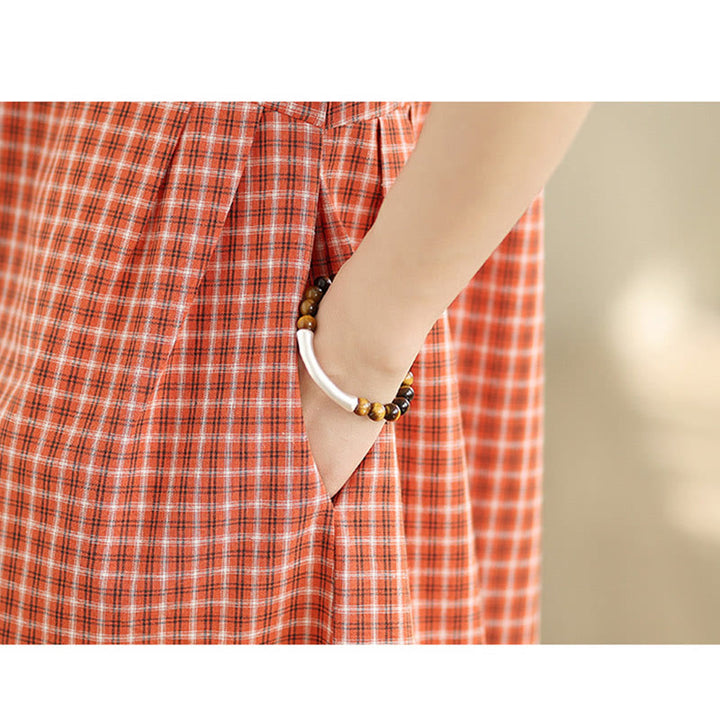 Robe mi-longue Buddha Stones à carreaux, couleur unie, col ras du cou, manches courtes, coton et lin, avec poches - image 8