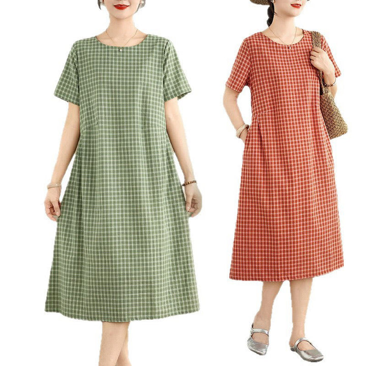 Robe mi-longue Buddha Stones à carreaux, couleur unie, col ras du cou, manches courtes, coton et lin, avec poches - image 17