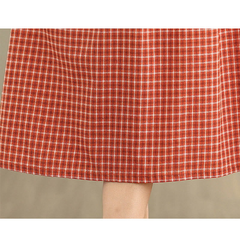 Robe mi-longue Buddha Stones à carreaux, couleur unie, col ras du cou, manches courtes, coton et lin, avec poches - image 9