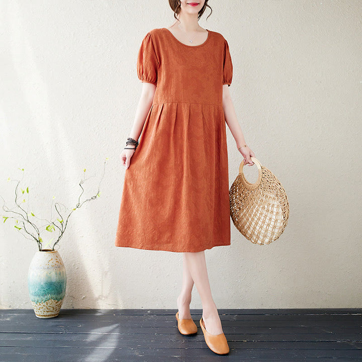 Robe mi-longue décontractée en coton et lin à manches courtes bouffantes et col ras du cou en jacquard de couleur unie avec Buddha Stones