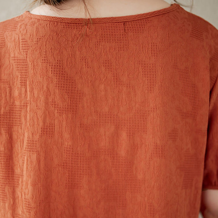 Robe mi-longue décontractée en coton et lin à manches courtes bouffantes et col ras du cou en jacquard de couleur unie avec Buddha Stones